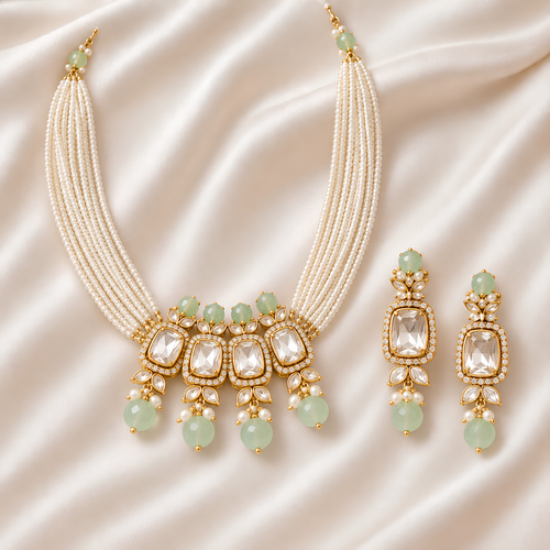 Aarini Green Silver Polki Necklace Set