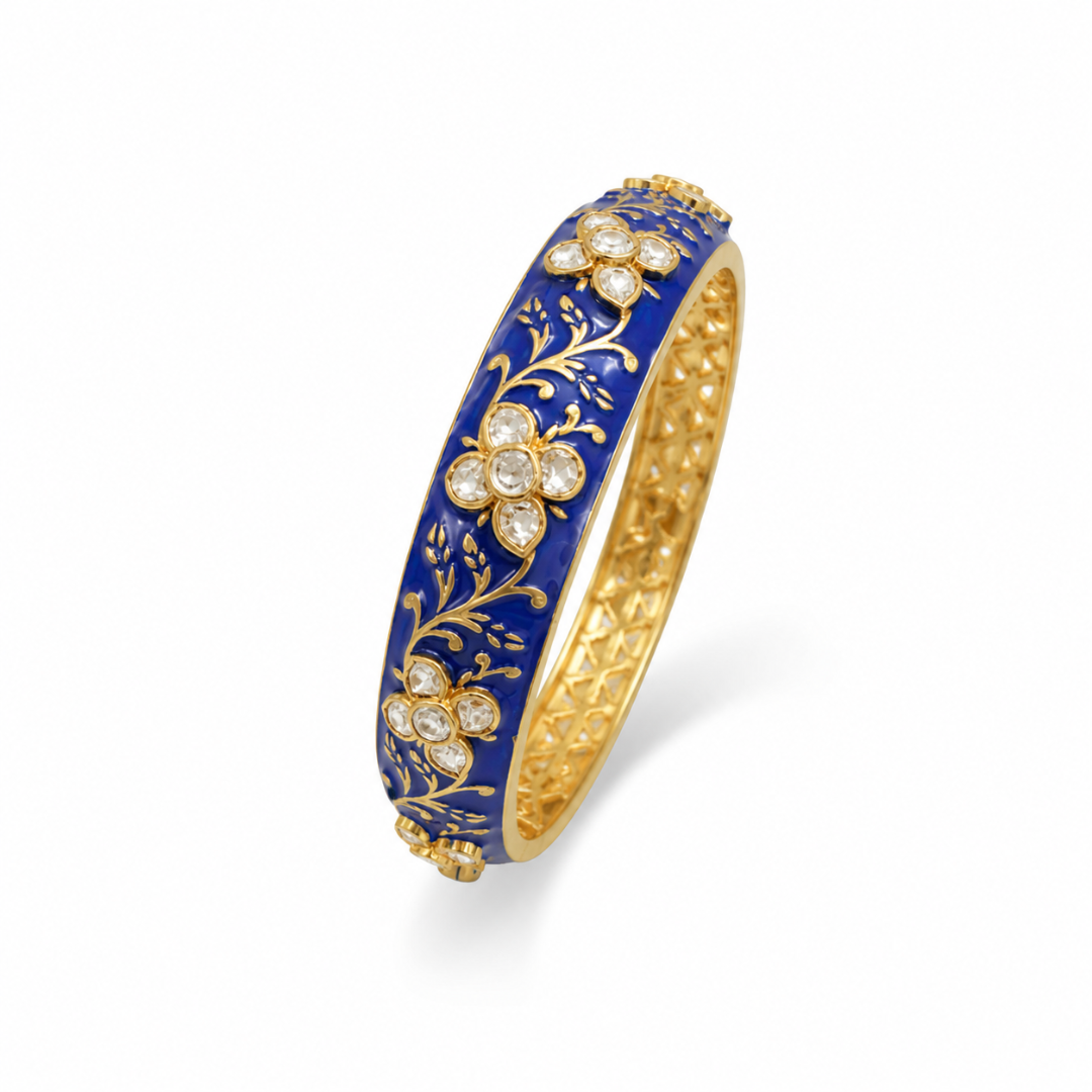 Neelambari Blue Meenakari Floral Silver Polki Bangle