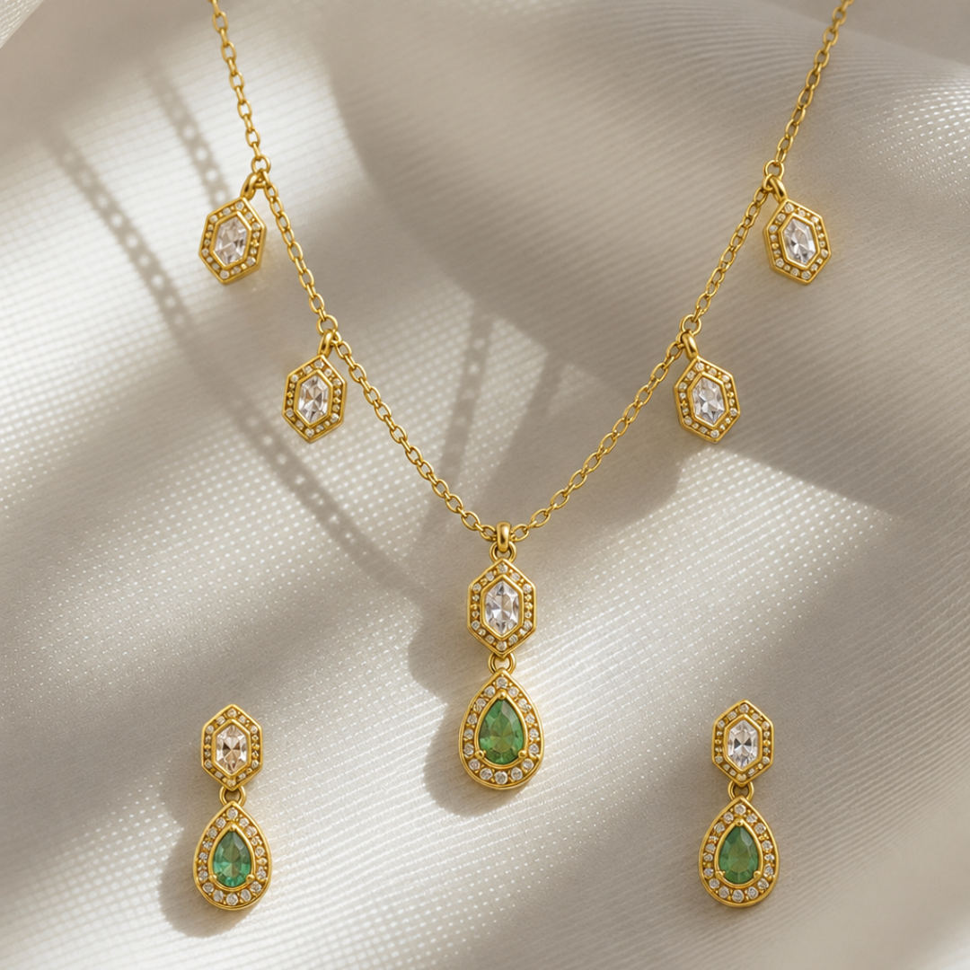 Aaranya Green Silver Polki Necklace Set