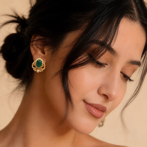 Emerald Filigree Silver Polki Earrings