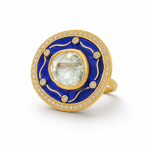 Blue Enamel Silver Polki Ring