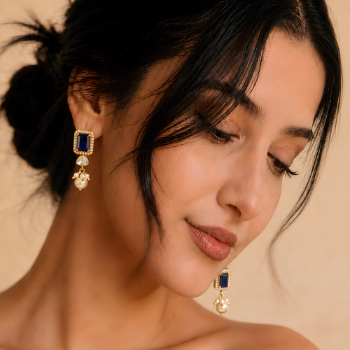 Blue Sapphire Pearl Silver Earrings